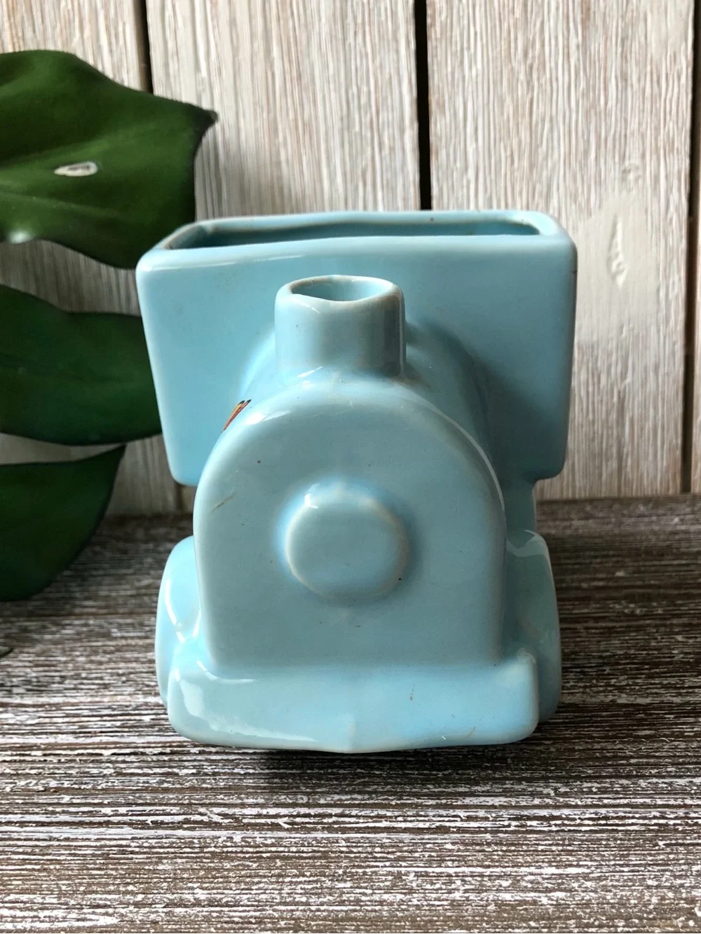 Vintage Light Blue Ceramic Train Engine Planter / Vase